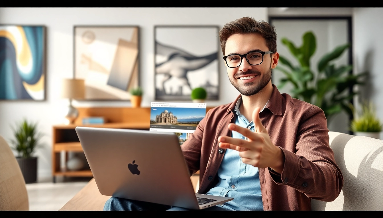 Showcase of international real estate websites on a laptop in a modern office environment.