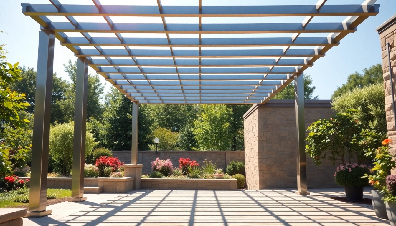 Showcasing a modern steel pergola in a picturesque garden setting, inviting relaxation.