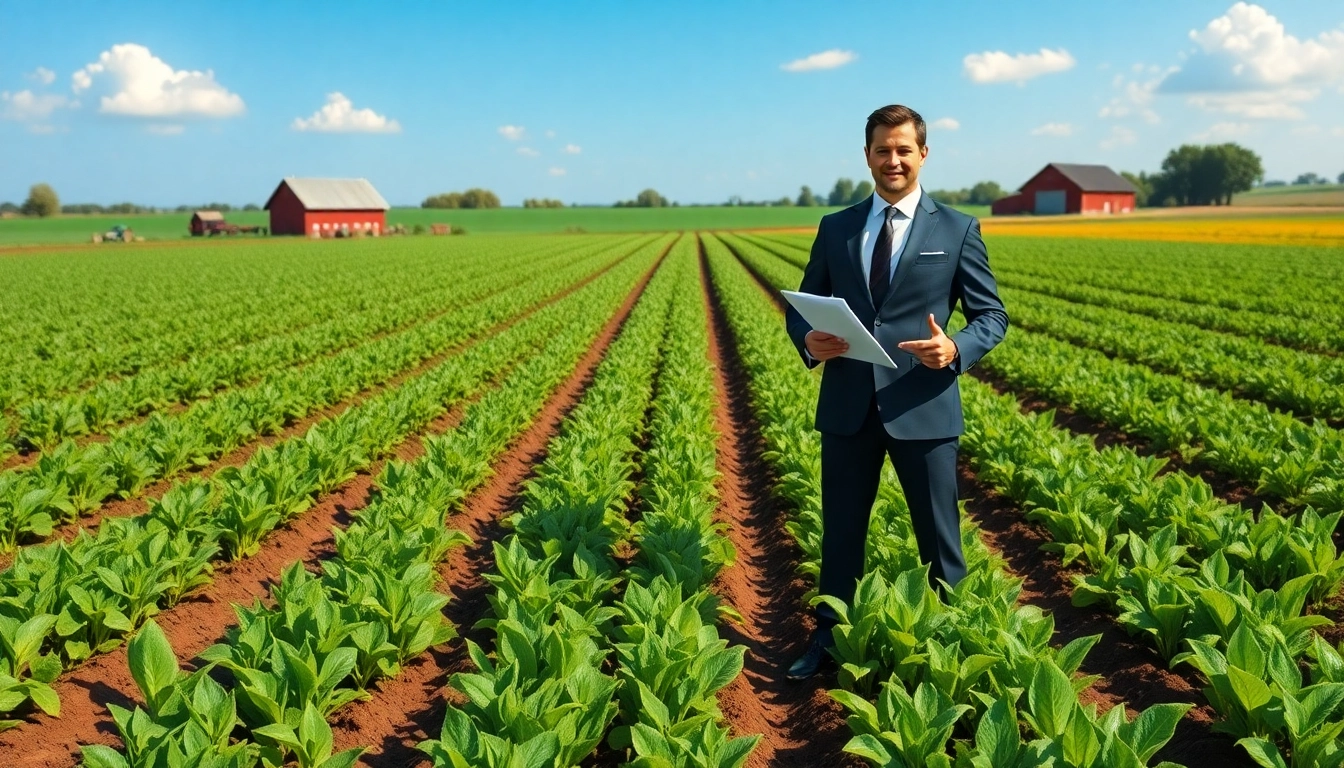 Understanding agricultural law with a lawyer in a vibrant farmland setting, showcasing legal expertise.