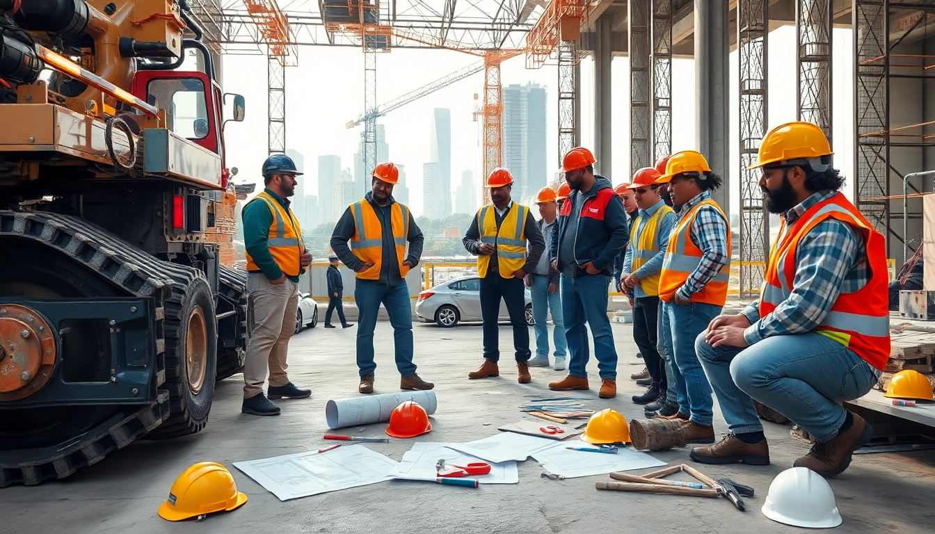 Engaged workers showcasing Careers in construction with teamwork and safety gear.