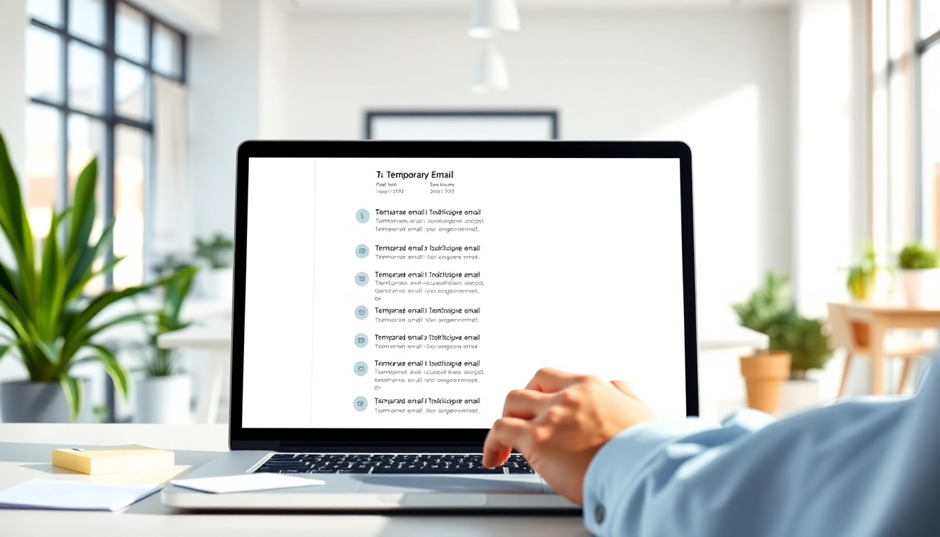 Access temporary email benefits illustrated with a modern workspace and laptop notifications.