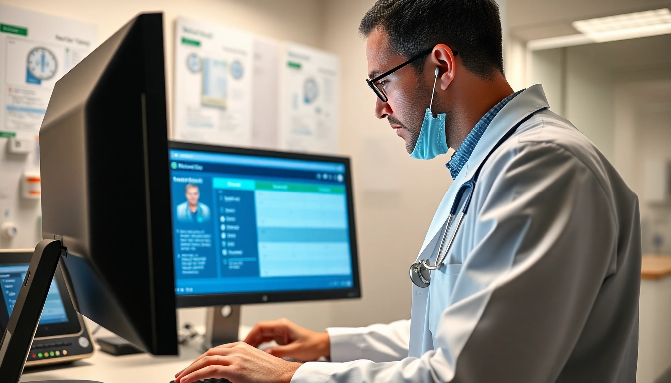 Healthcare professional using eprescribing software in a modern clinic setting, enhancing patient care.