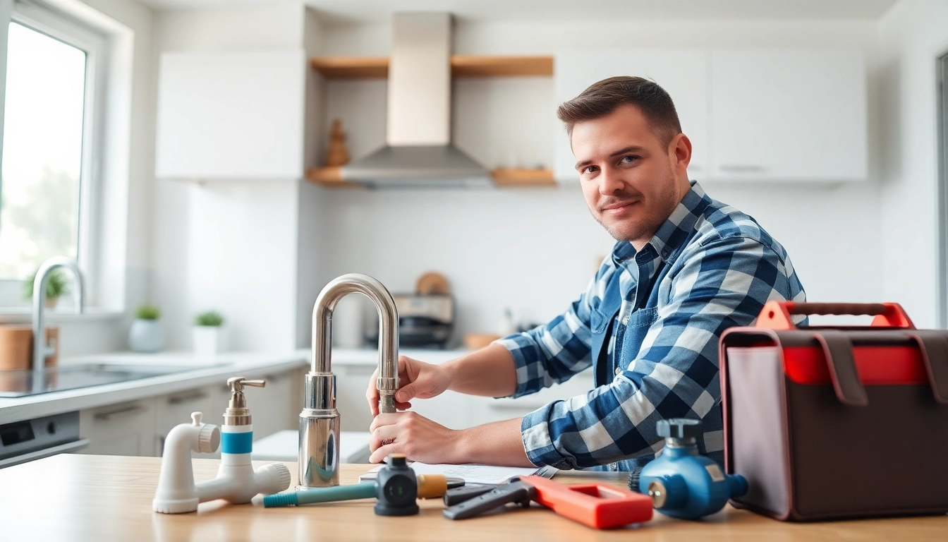 Plumbing Lacey Wa professional fixing a sink in a modern kitchen, showcasing skill and expertise.