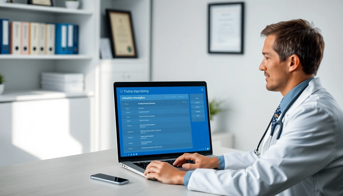 Doctor accessing eprescribing software on a laptop in a professional healthcare setting.