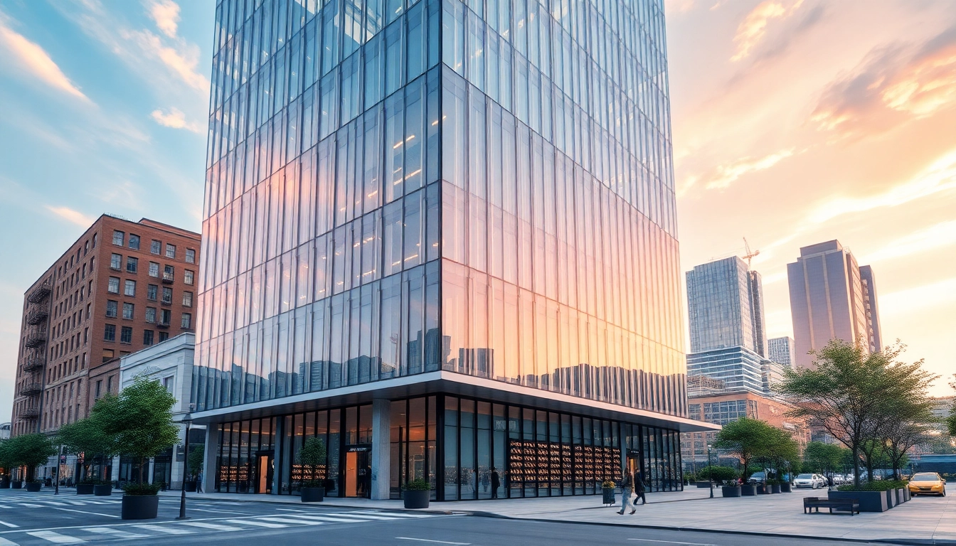 Begeistern Sie mit visualisierung architektur, die beeindruckende moderne Gebäude im urbanen Umfeld zeigt.