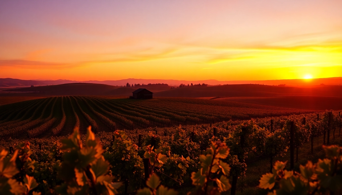 Capture the beauty of Clarksburg, CA with a warm sunset over rolling vineyards and a farmhouse.