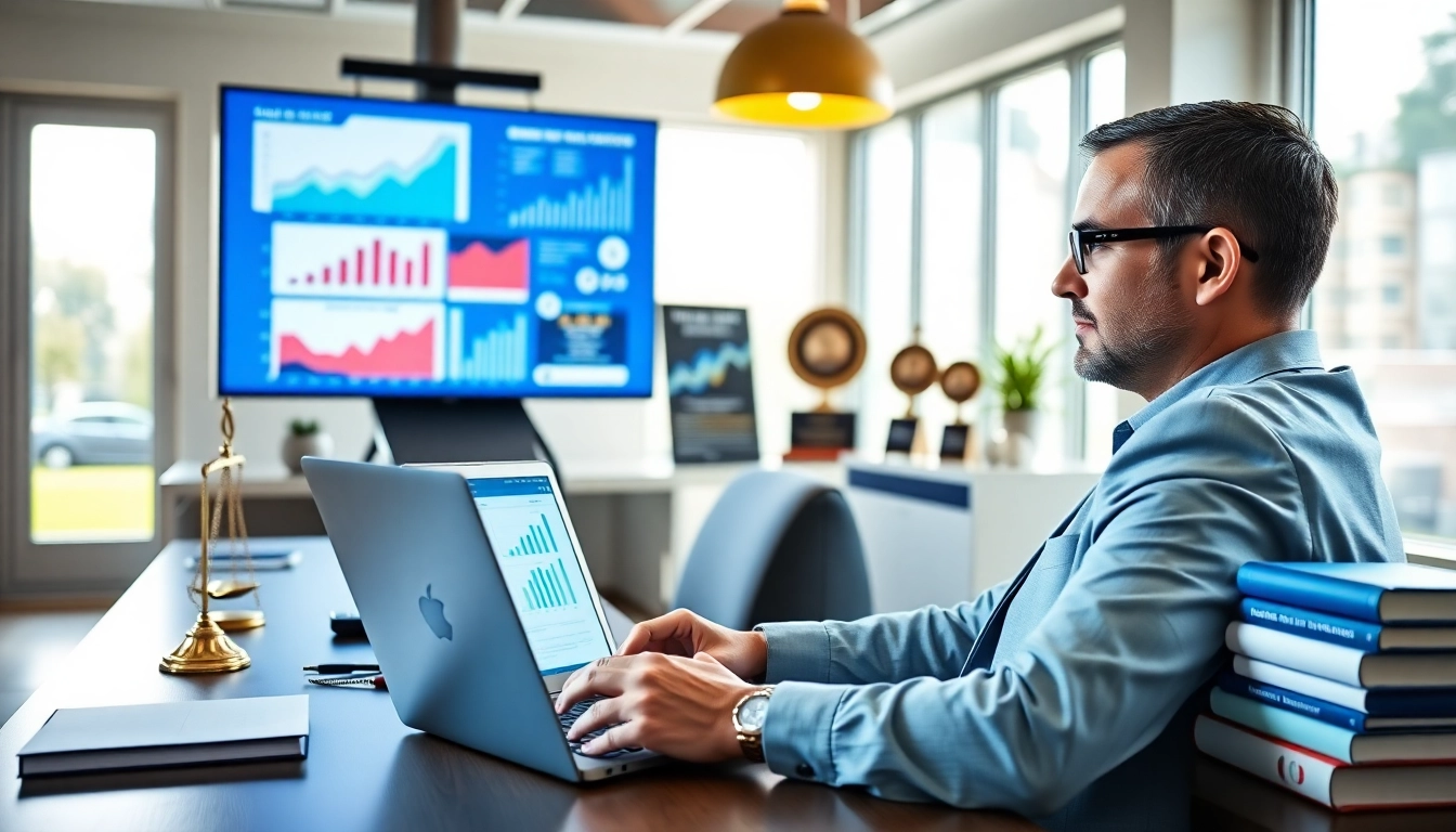 Engaging scene of a professional legal marketing consultant strategizing with digital analytics for effective Legal Marketing.