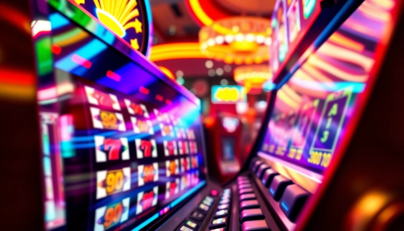 Permainan qqmacan slot yang menghidupkan suasana kasino online dengan lampu berwarna cerah dan mesin slot.