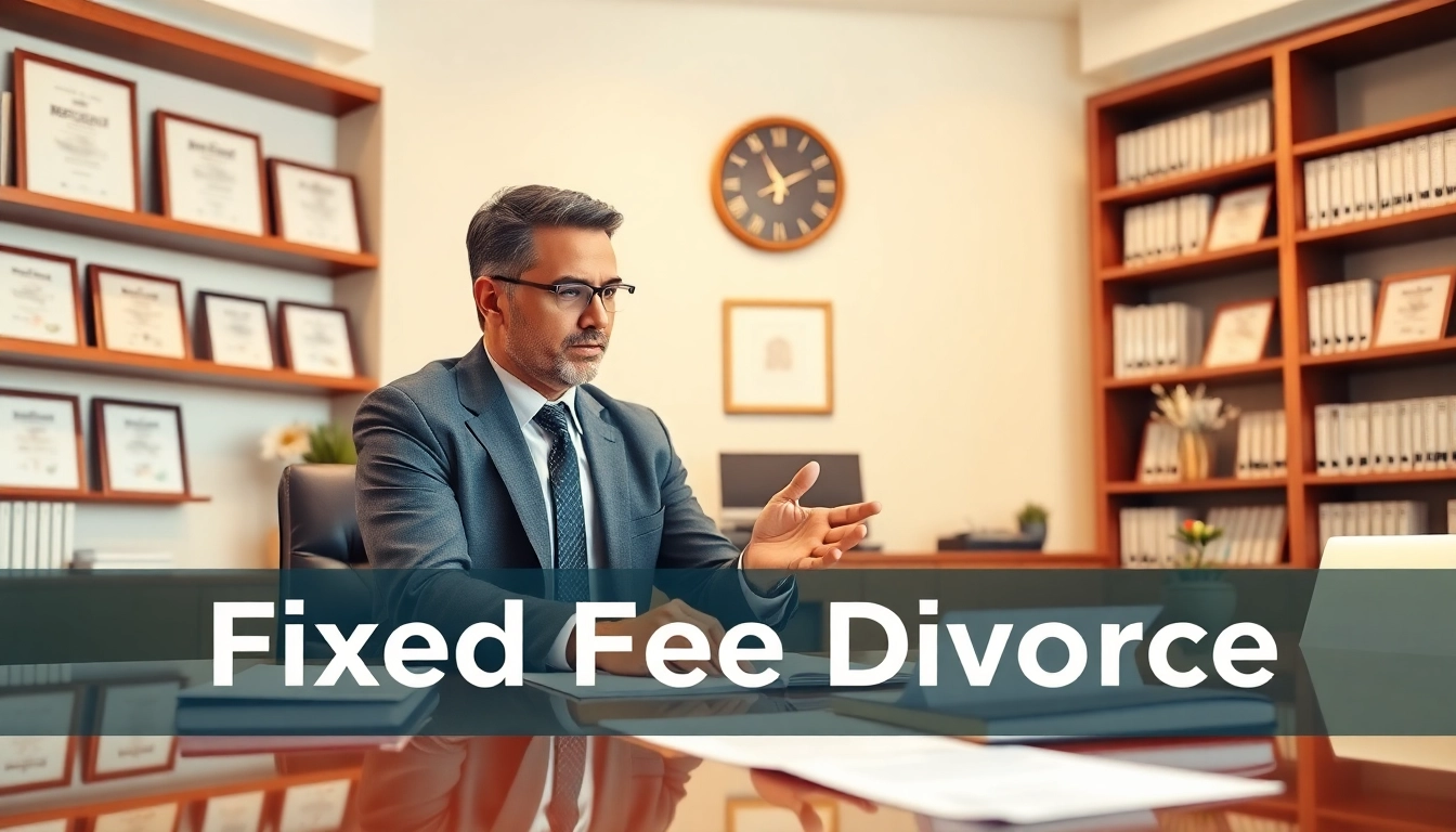 Engaging in a Fixed Fee Divorce consultation, showcasing a professional attorney with diverse legal documents.