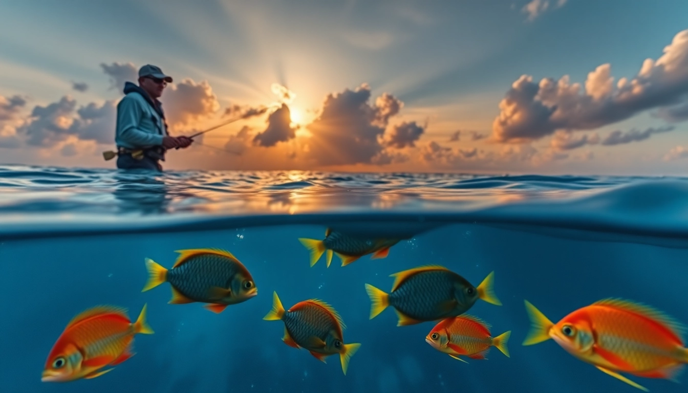 Angler casting a line while saltwater fly fishing at dawn, surrounded by shimmering ocean waters.