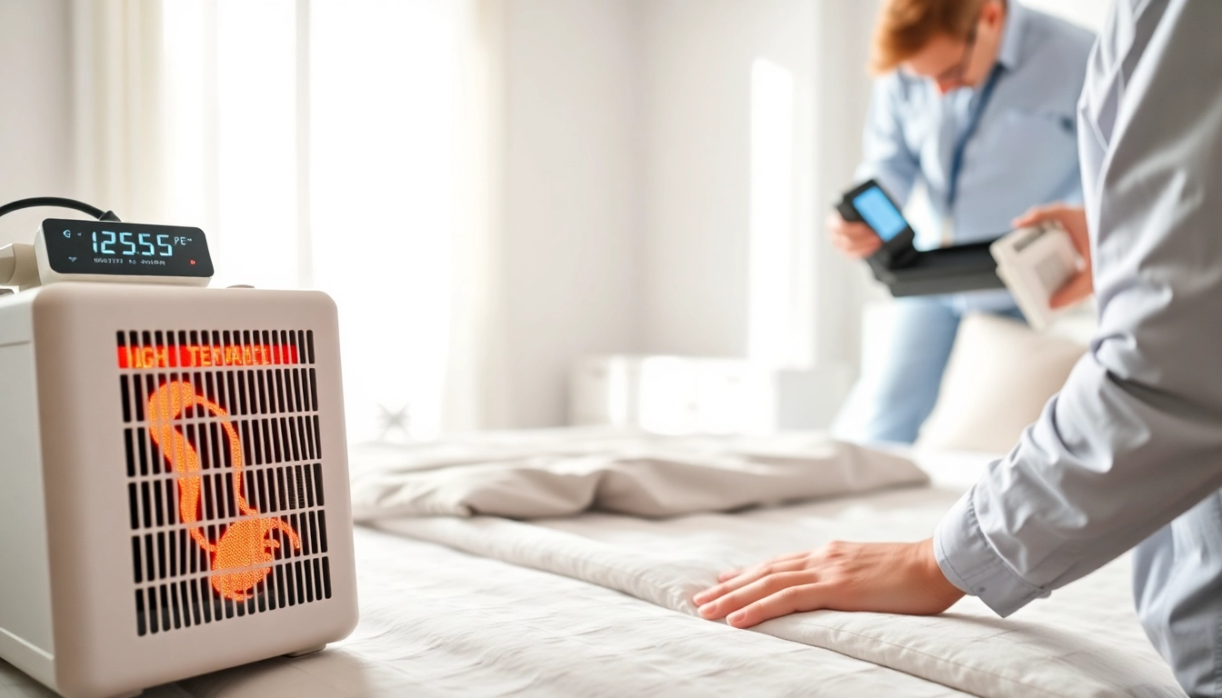 Technician performing Bed bug heat treatment in a controlled environment with specialized equipment.