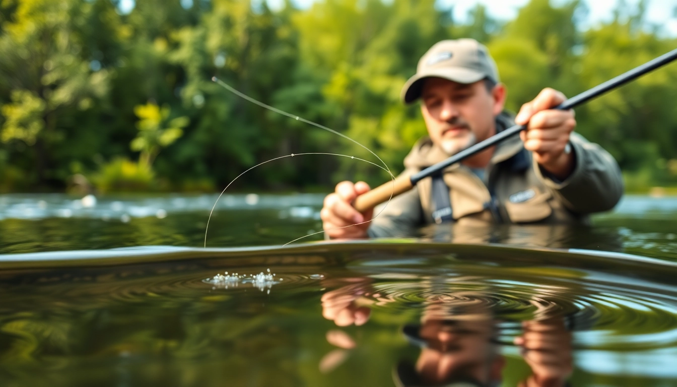 Angler casting a fly fishing line on a tranquil riverbank surrounded by nature.