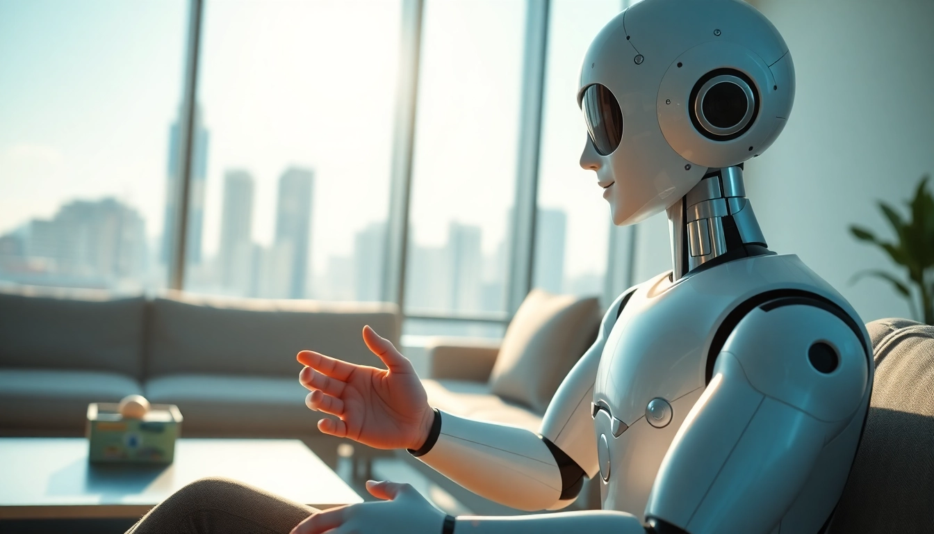 Engage with the AI companion unlimited in a cozy living room setting, depicting a modern humanoid robot.